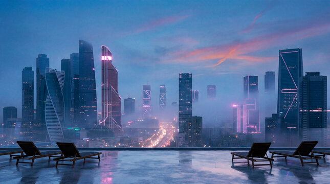 Rooftop infinity pool with loungers overlooking neon skyline at foggy dusk
