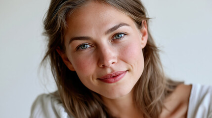 Fototapeta premium Young woman with natural beauty looking at camera, her serene expression showing happiness, wellness, and self care, a close up portrait highlighting healthy skin and blue eyes