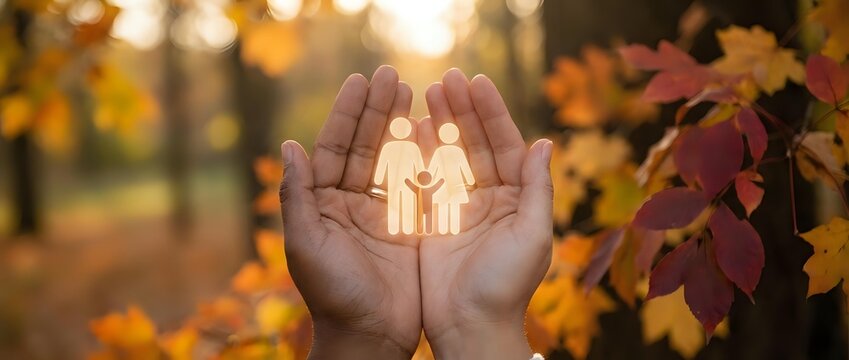 Hands holding glowing family silhouette in autumn forest setting. Concept for family protection, care, insurance, and togetherness during fall season.