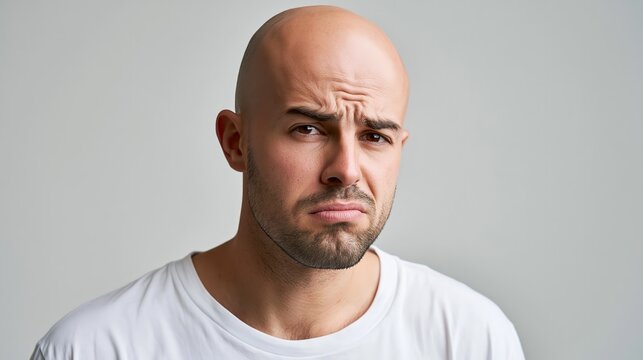 Bald man with beard shows a confused and worried expression on his face