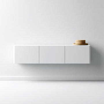 Minimalist white cabinet hangs on a bright wall in a clean and modern room with small plates on top