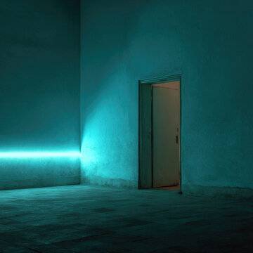 Empty Room With Open Door and Neon Glow