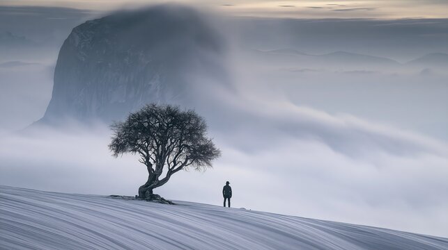 Lone figure contemplates vast foggy mountain landscape with a solitary tree