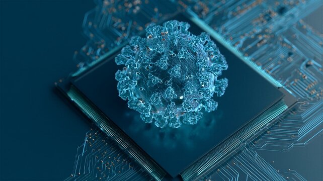 Biological virus cell resting on a computer microchip visualizing cybersecurity threats and digital malware concepts