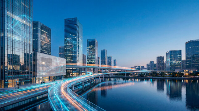 Modern skyline with light trails on curved bridge and digital network at dusk