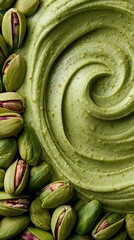 Fototapeta premium A close-up of creamy green pistachio paste surrounded by whole pistachios. The texture is smooth and swirled, showcasing the rich color and natural ingredients.