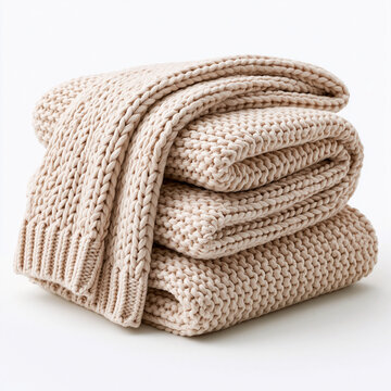 A stack of cozy beige knitted blankets sits folded on a clean white background showing soft texture A neat stack 