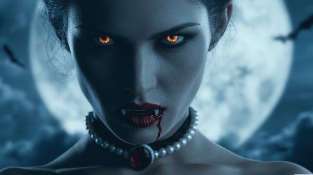 an extreme close-up of a female vampire's face. The woman has intense, glowing orange-yellow eyes, a full mouth with deep red lipstick and subtle blood trickles, and sharp fangs