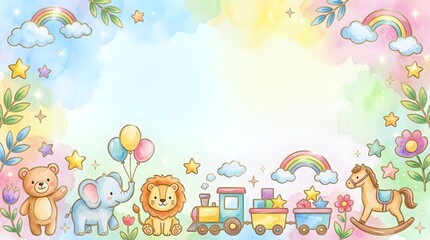 Fototapeta premium Cute teddy bear, lion, elephant and rocking horse with balloons, train, rainbows and stars on pastel background. Nursery wall art.