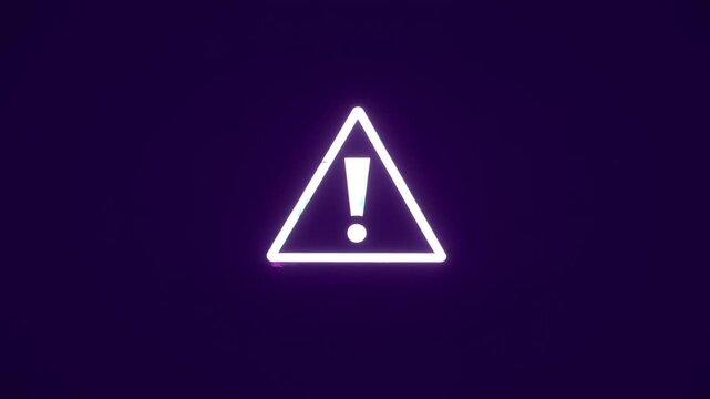 Static shot of neon warning icon glitching and pulsing with subtle zoom on dark digital screen studio background