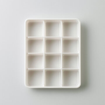 A white plastic storage tray with twelve small square compartments sits on a gray surface for house or office organization A white plastic storage tray