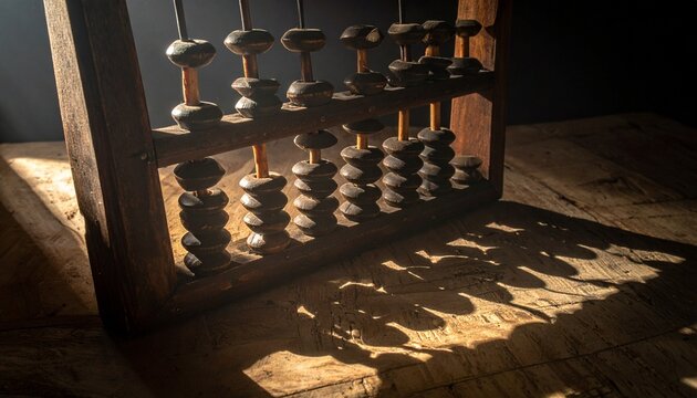 "Traditional wooden abacus casting shadow, symbolizing ancient calculation, history of mathematics, and human ingenuity."
