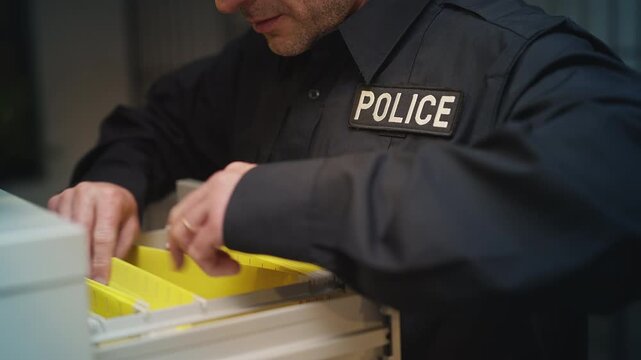 Police detective examining archives and reviewing confidential case files