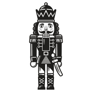 Vintage black and white illustration of nutcracker soldier with crown and sword isolated on transparent background
