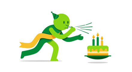 Obraz premium Green Character Blowing Out Birthday Cake Candles Illustration