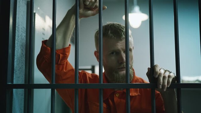 Portrait of a desperate young male prisoner standing behind prison cell bars