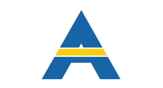 A bold blue triangular shape with a horizontal yellow stripe in the center