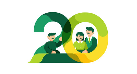 Obraz premium Creative Green Number 20 Vector Logo with Family Characters Illustration