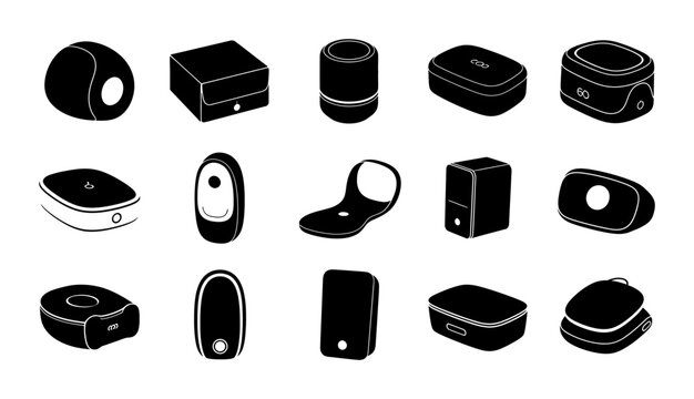 Collection of Minimalist Black and White Icons Representing Various Compact Electronic Devices and Portable Gadgets