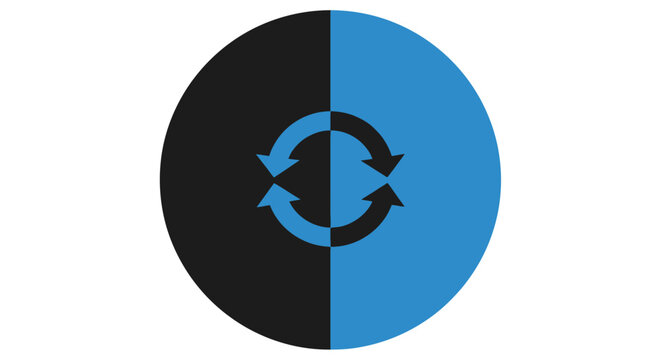 A circular icon showing two arrows rotating in a split color background