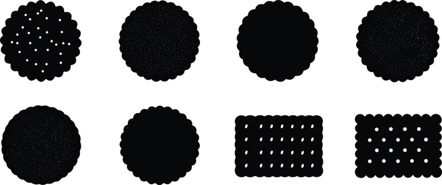 Round and rectangular biscuits silhouette vector illustration bundle with various cookie stencils for sweet pastry dessert food product design.