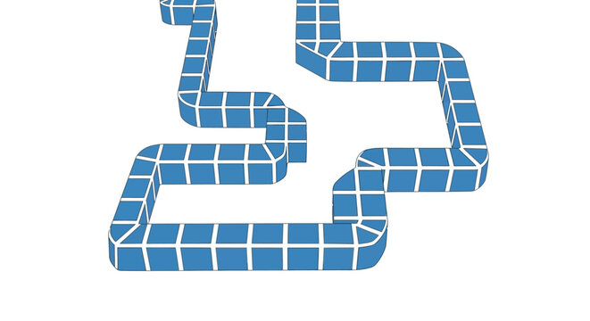 A blue three dimensional path made of square tiles on a white background