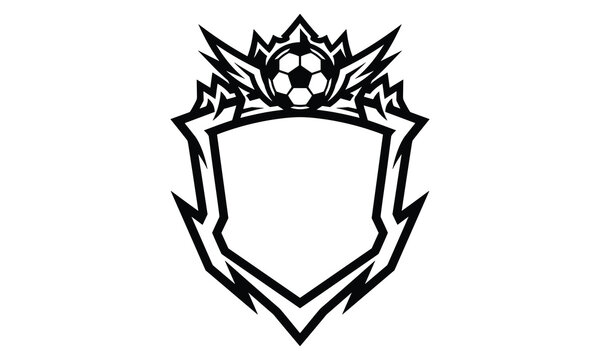 Black and white blank soccer shield emblem template with dynamic wings and football for custom team logo design