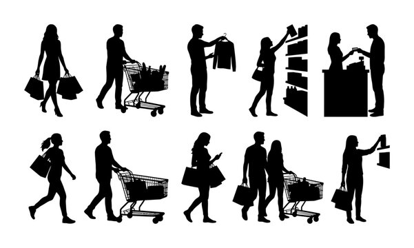 Silhouettes of people shopping in a retail store with carts and bags for consumer concepts