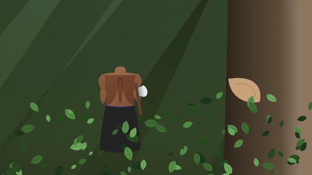 Animated rear view of a lumberjack chopping a large tree trunk with an axe amid falling green leaves in a dark forest