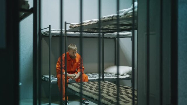 Young male prisoner in an orange jumpsuit serving time in a prison cell