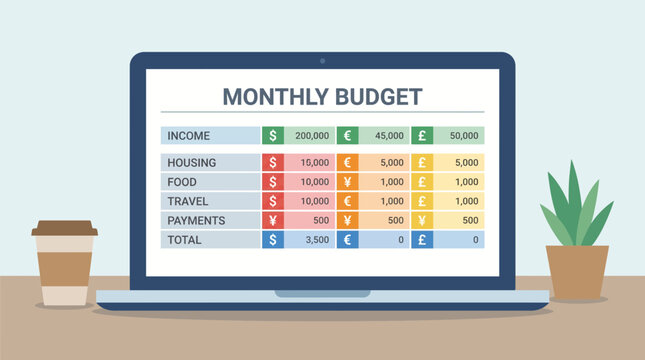 Digital Nomad Monthly Budget Spreadsheet on Laptop With Currency Icons