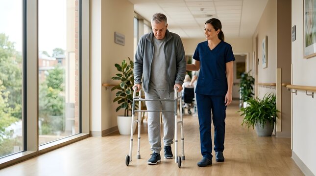 a nurse helping an elderly male patient walk