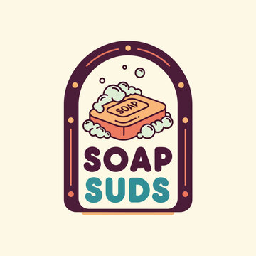 Soap Suds logo design with a bar of soap and foam bubbles.