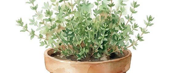 Fototapeta premium Potted thyme herb plant with fresh green leaves in terracotta container, isolated on white background for culinary and gardening design projects.