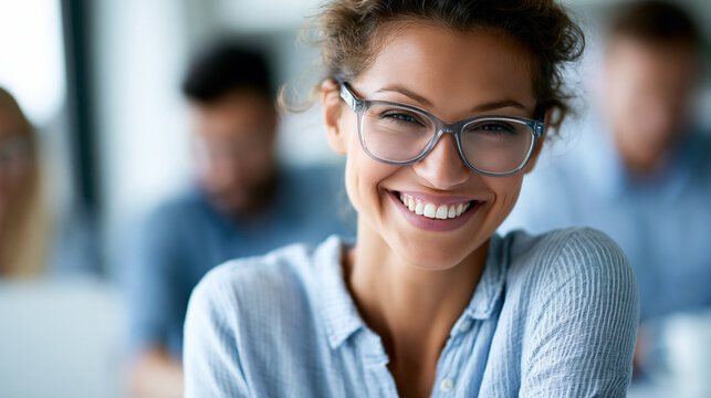 Close-up of anonymous smiling woman with glasses and team in collective effort, fostering joy in a startup environment concept, faceless, defocused, with copy space