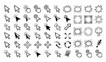 Large set of hand drawn doodle mouse cursor arrow and click touch icons with explosion spark action effects vector © MD SHAHAG ISLAM