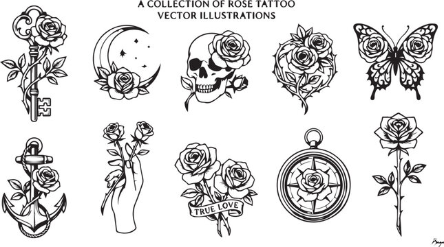 Collection of Rose Tattoo Vector Illustrations: A captivating array of stylized rose tattoo designs, featuring elements like a key, moon, skull, butterfly, anchor, hand, compass, and a thorny stem.