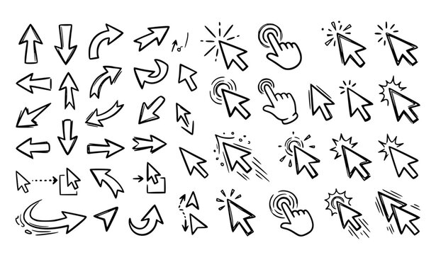 Hand drawn doodle arrow set and mouse cursor click icons with sketch pointer elements for website interface design vector