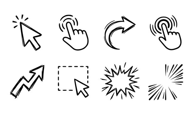 Hand drawn sketch mouse cursor arrow and hand click touch vector icons set in playful doodle style outline elements