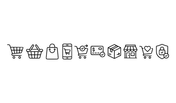 E commerce shopping line icon banner with digital retail market storefront symbols secure card payment processing and safe delivery logistics graphics 