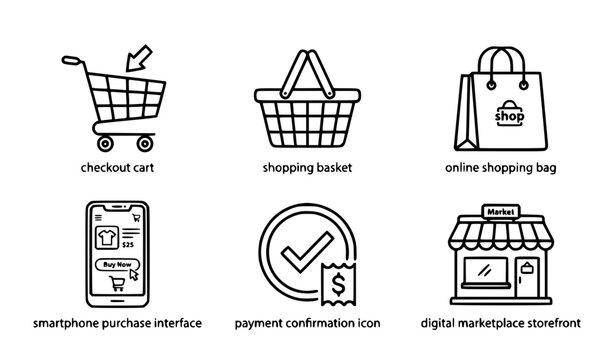 E commerce shopping line icon set with labeled digital marketplace storefront symbols smartphone purchase interfaces checkout carts and payment confirmation graphics