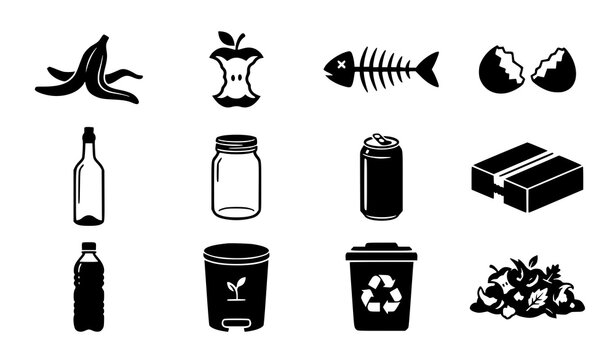 Garbage classification and recycling icon set with organic compost food scraps plastic bottles aluminum cans cardboard boxes and ecological sorting bins