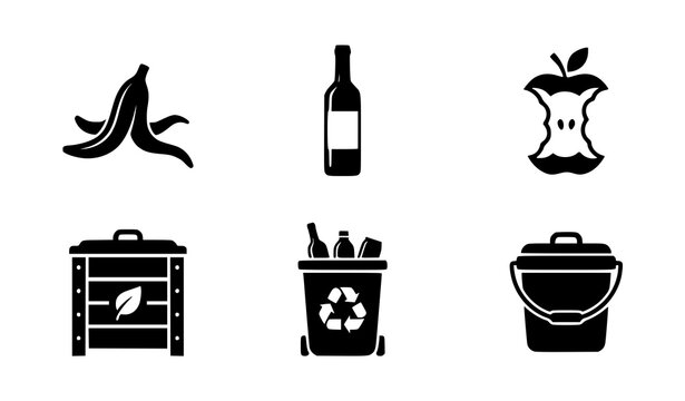 Organic waste composting and sorting icon set with banana peel apple core glass wine bottle compost box and recycling bin symbols