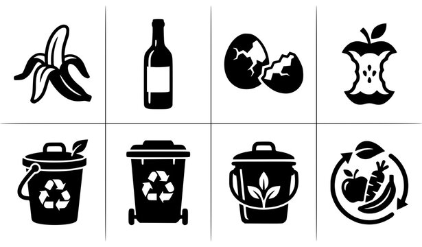 Organic waste composting and sorting icon set with banana peel eggshell apple core glass bottle compost bin and recycling trash can symbols