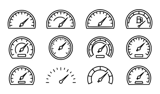 Automotive speedometer and dashboard gauge line icon set with vehicle tachometer dials fuel level measurement indicators and interface control symbols