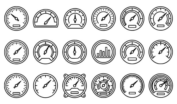 Automotive speedometer and dashboard gauge line icon set with vehicle tachometer dials performance level measurement indicators and interface control symbols