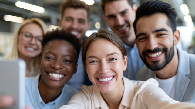 Anonymous happy business people taking a group portrait and selfie at the office, diverse employees with smiles for photography and social media concept, faceless, defocused, with