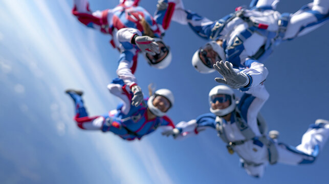 Skydivers forming two linked circles in freefall, extreme teamwork and trust activity concept, defocused sky background, with copy space