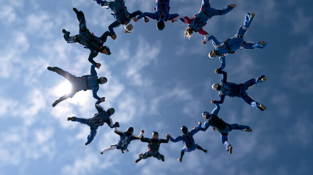 Skydivers forming two linked circles in freefall, extreme teamwork and trust activity concept, defocused sky background, with copy space