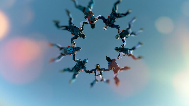 Skydivers forming two linked circles in freefall, extreme teamwork and trust activity concept, defocused sky background, with copy space